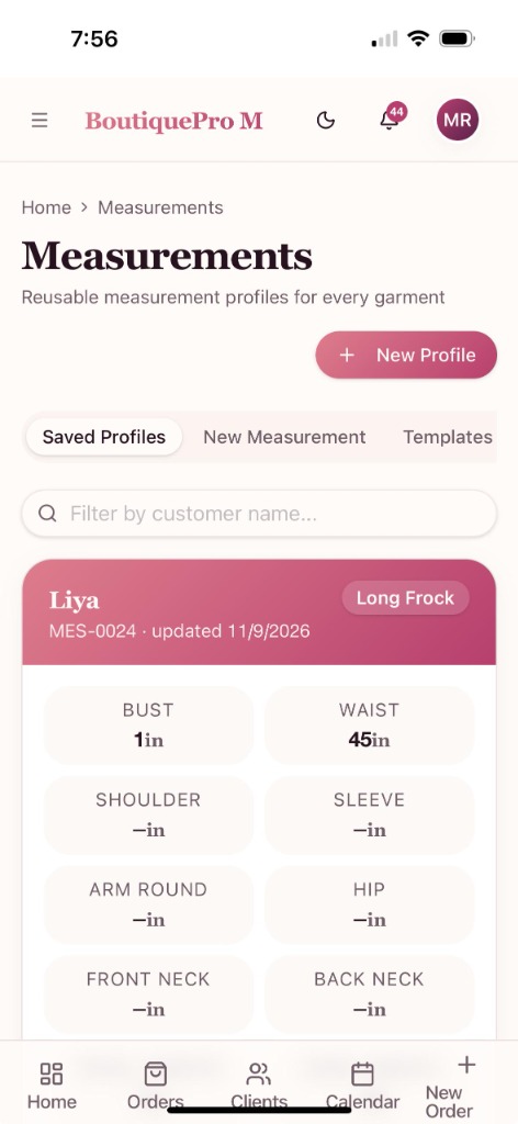 Boutique measurements screen with a saved measurement profile