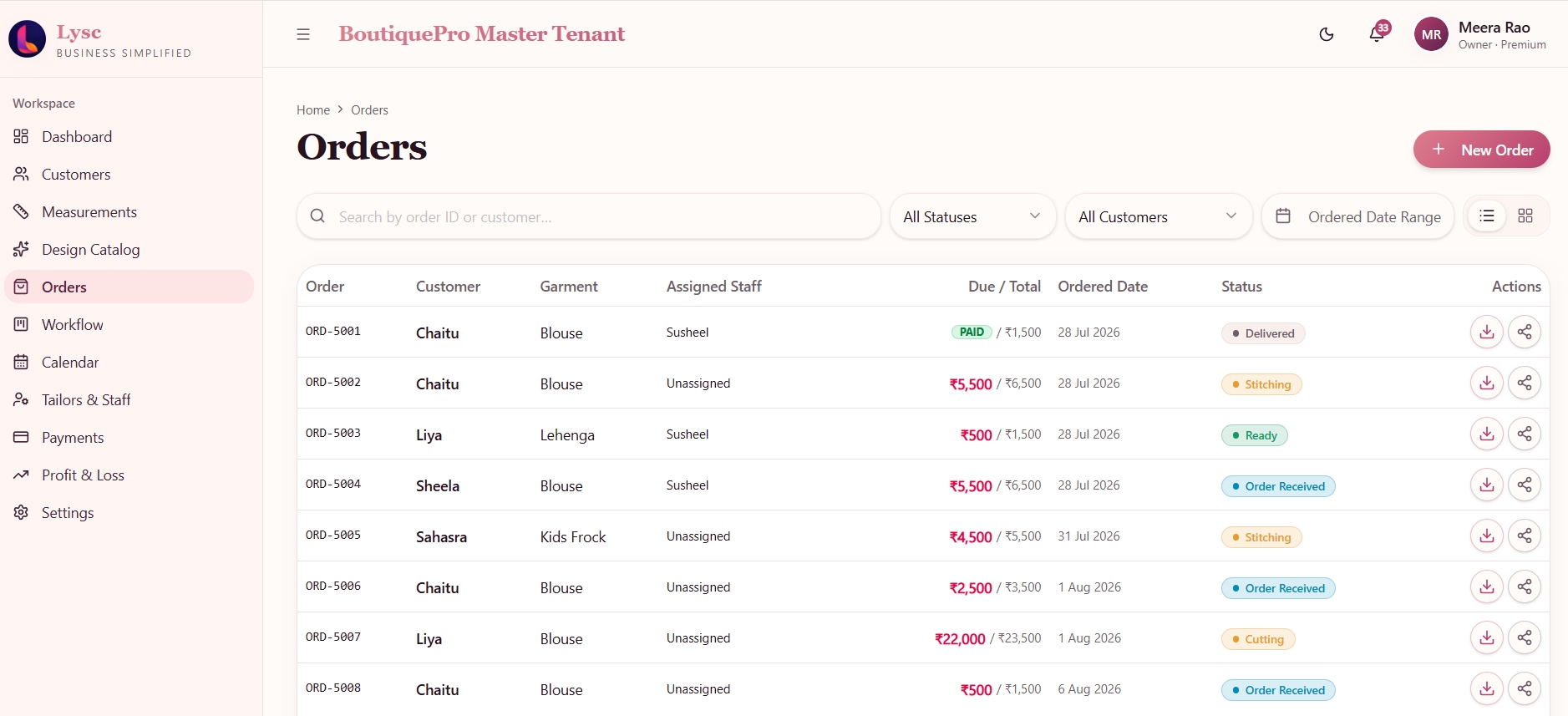 Boutique orders list showing order IDs, customers, garments and workflow status